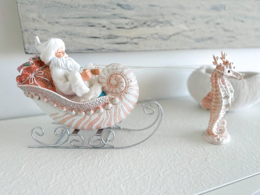 Coastal Santa in Seashell Sled Pulled By Seahorses